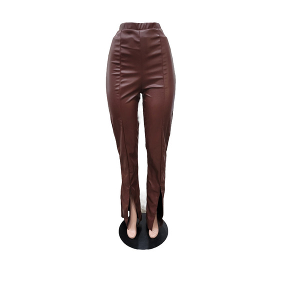 NEW Pretty Little Things Faux Leather Split Hem Trousers Pants Size 6‎ Brown - Picture 4 of 16